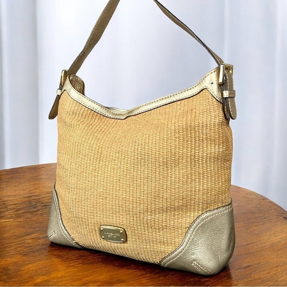 MICHAEL Michael Kors Handbags - Michael Kors Straw & Metallic Gold Millbrook Leather Hobo Shoulder Bag